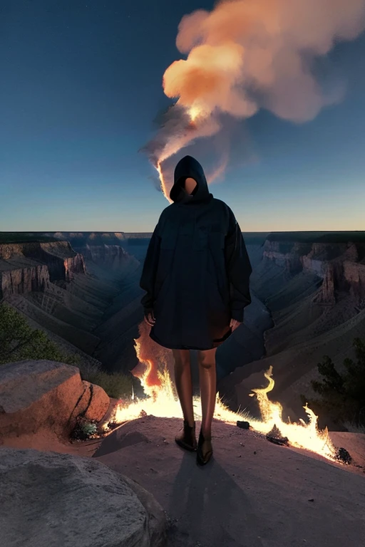 Girl, In this intriguing image, a figure clothed in a dark hooded garment stands at the edge of a grand canyon-like landscape during twilight, holding a flaming torch. The intense flames of the torch blaze brightly, casting an eerie glow on the figure and creating swirling trails of black smoke that contrast against the rugged, expansive terrain in the background. The figure appears engrossed in the fire, contributing to a sense of mystery and primal energy in this dramatic scene. The social media interface shows the image has garnered 345 likes, highlighting its captivating and enigmatic nature.