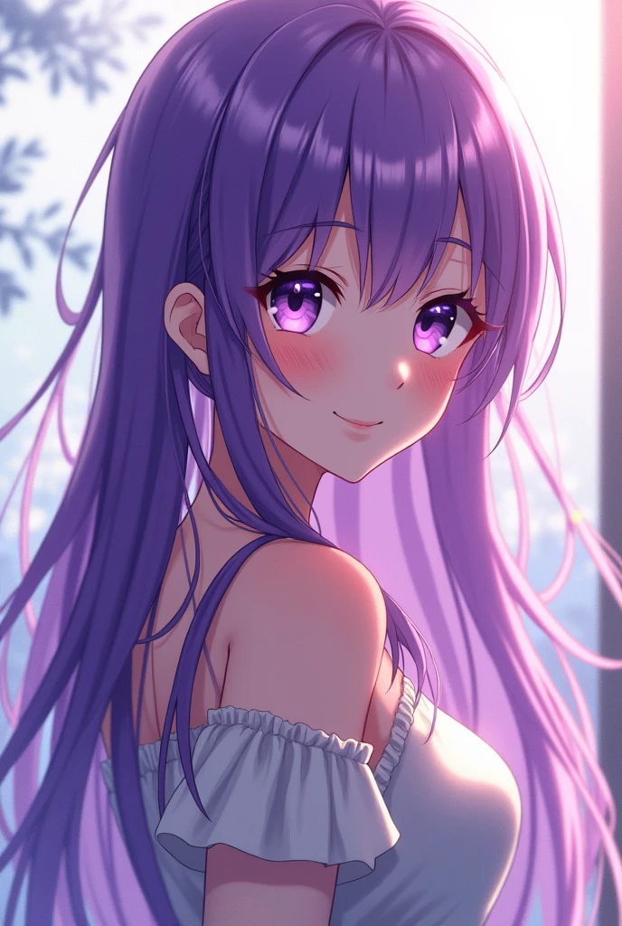 1 girl, High resolution, best quality, very long hair, purple hair, smile, violet eyes, anime-style, Backlight, 