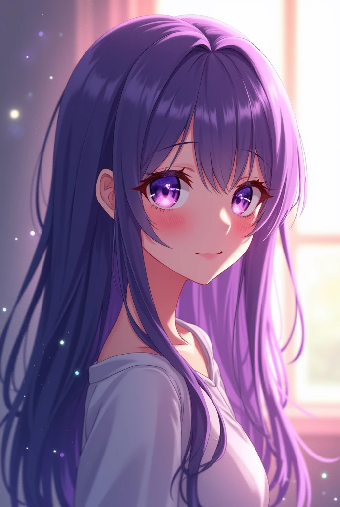 1 girl, High resolution, best quality, very long hair, purple hair, smile, violet eyes, anime-style, Backlight,