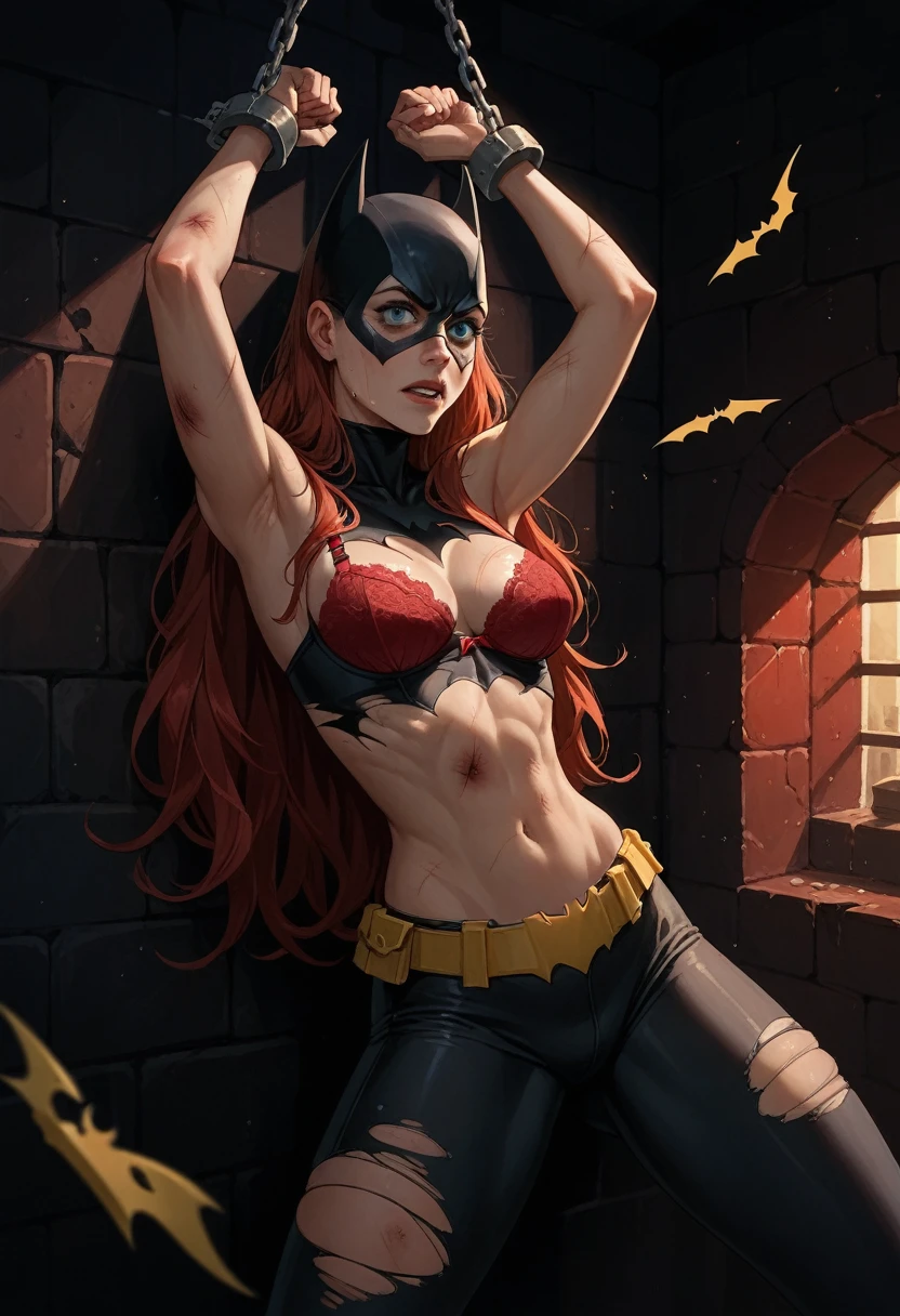 Batgirl, Red hair, torn clothes, arms outstretched, shackles on their wrists, chained, in a dungeon, red bra, the red house, bruises on the body.