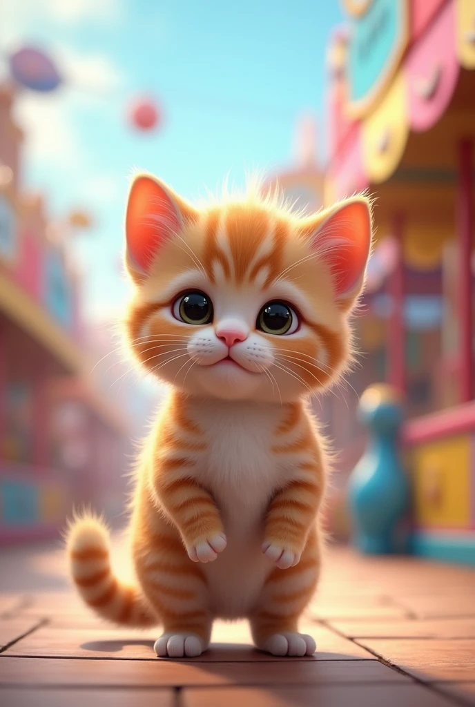 Realistic baby cat、3D wind、Standing on two legs facing forward、9:16、The background is an amusement park