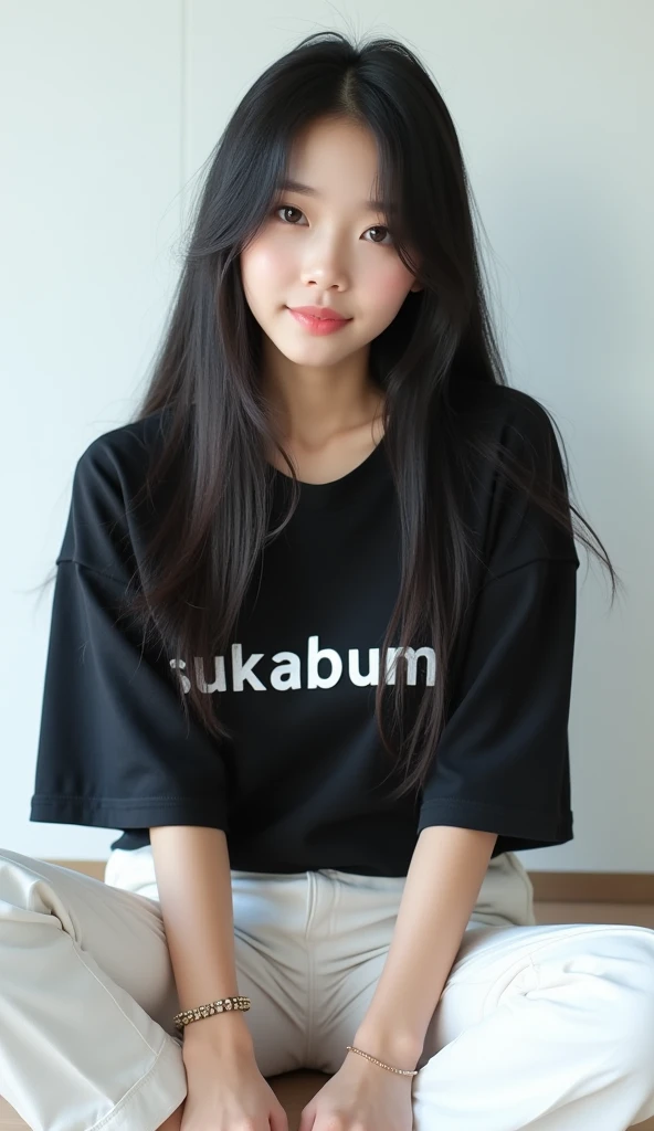 Hyper realistic photography, a beautiful korean girl, "long straight black hair", sitting on the floor, hold the chin, wearing a black oversize t-shirt with writing "Sukabumi", wearing white pants, smile, wearing a bracelet, plain white background, realistic highly detailed objects, looks real and clear, bright background not blur, natural 3D, 8k ultra hd