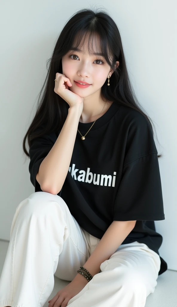 Hyper realistic photography, a beautiful korean girl, "long straight black hair", sitting on the floor, hold the chin, wearing a black oversize t-shirt with writing "Sukabumi", wearing white pants, smile, wearing a bracelet, plain white background, realistic highly detailed objects, looks real and clear, bright background not blur, natural 3D, 8k ultra hd