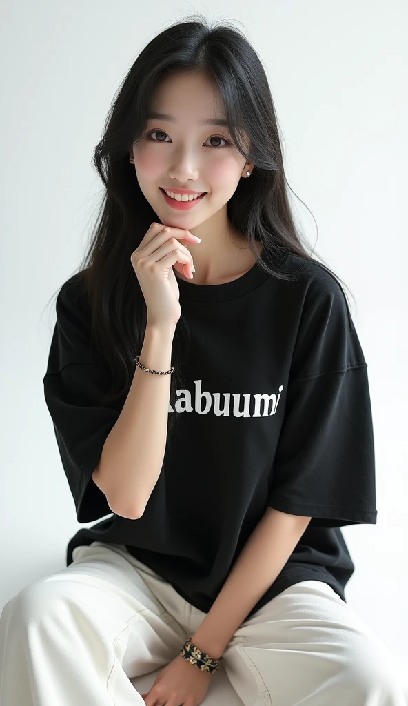 Hyper realistic photography, a beautiful korean girl, "long straight black hair", sitting on the floor, hold the chin, wearing a black oversize t-shirt with writing "Sukabumi", wearing white pants, smile, wearing a bracelet, plain white background, realistic highly detailed objects, looks real and clear, bright background not blur, natural 3D, 8k ultra hd