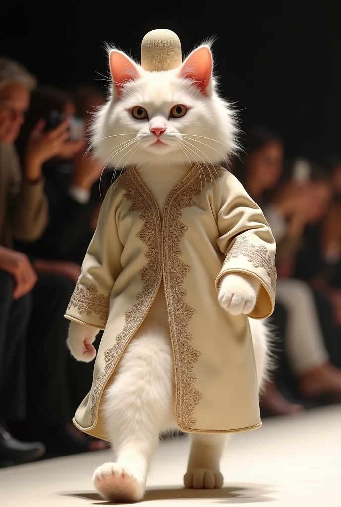 "A fluffy white cat strides gracefully down a runway on two legs, dressed in a luxurious Moroccan groom's djellaba with intricate embroidery. He wears a matching fez hat, and his whiskers are neatly trimmed. The audience can't stop taking photos of this distinguished groom."