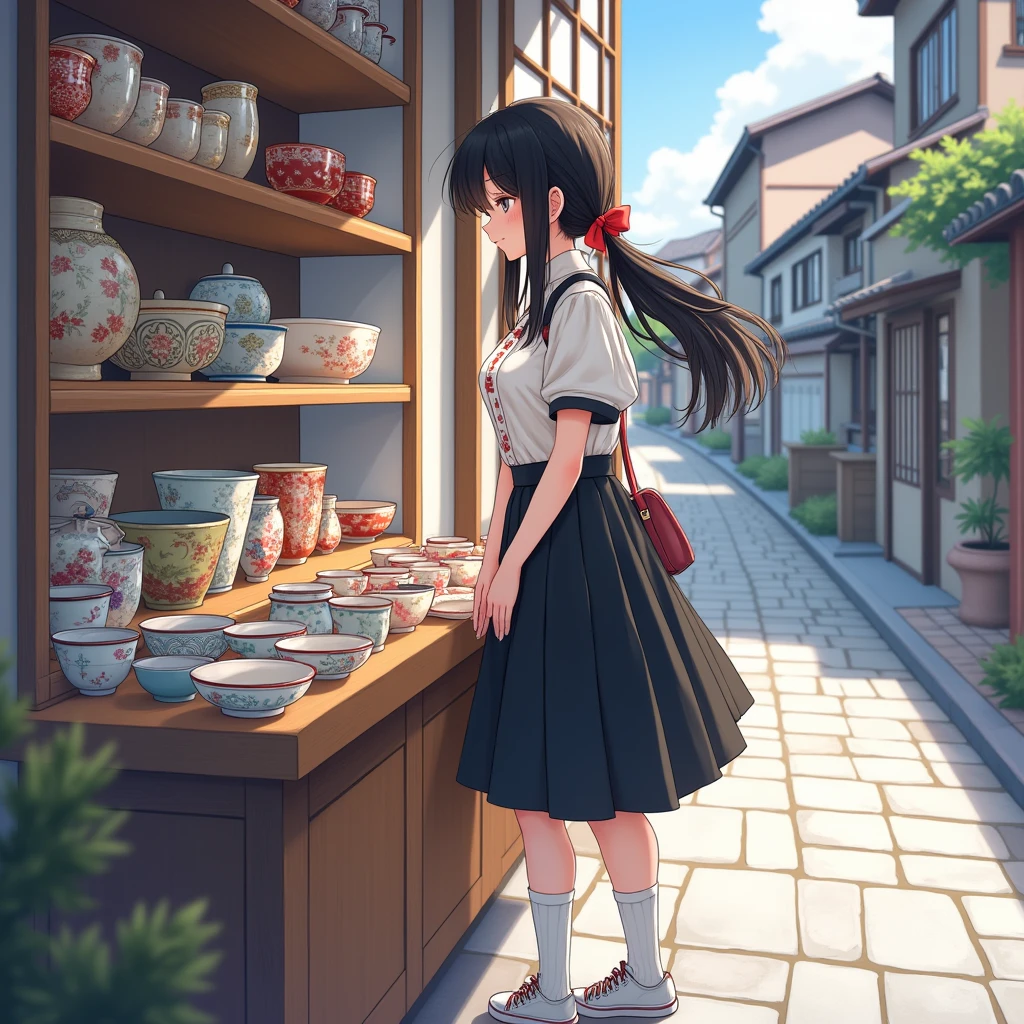 Anime Style, Realistic and beautiful backgrounds,
A girl with her hands on her thighs looking at ceramics,
She is wearing a cute white decorated blouse with short sleeves and no buttons., mid black flare skirt, no school uniform, no pleated skirt,
Wearing white knee-high socks, Wearing sneakers. bag,
Her hair style is low twin tails, with red ribbons, very long length and black, low pigtails. 
Not high twin tails.
On the go, Japanの陶器, dish, Bowl, Cup, shop, indoor, Japan, Glass door, street,
Daytime, from side, Focus on the face, Mid Shot.