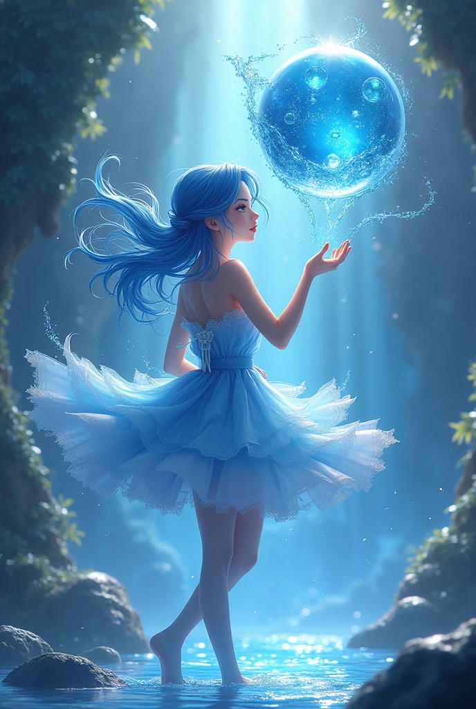 anime a beautiful girl with blue eyes and hair, creating and levitating a water sphere above her hand, wearing a blue dress, tights and high heels, (best quality,4k,8k,highres,masterpiece:1.2),ultra-detailed,(realistic,photorealistic,photo-realistic:1.37),intricate details,dramatic lighting,cinematic,fantasy,magical realism,hyper detailed,vibrant colors,ethereal,elegant,graceful,whimsical,flowing water,water manipulation,levitation,blue dress,blue eyes,blue hair,high heels,tights