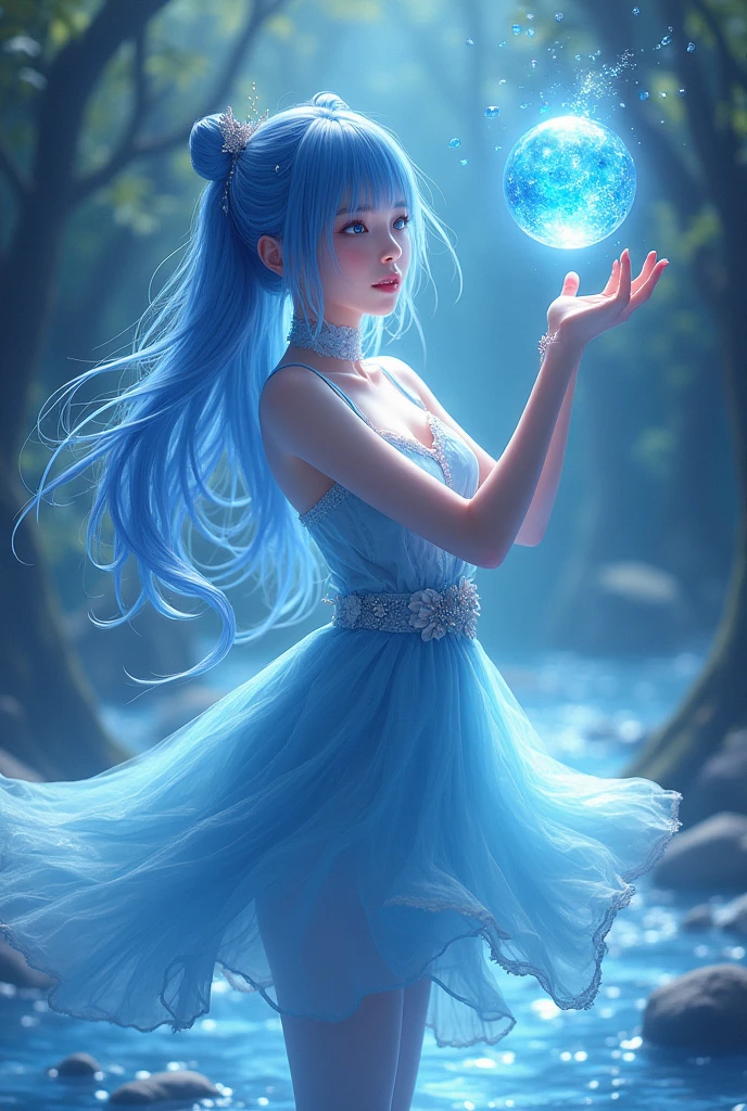anime a beautiful girl with blue eyes and hair, creating and levitating a water sphere above her hand, wearing a blue dress, tights and high heels, (best quality,4k,8k,highres,masterpiece:1.2),ultra-detailed,(realistic,photorealistic,photo-realistic:1.37),intricate details,dramatic lighting,cinematic,fantasy,magical realism,hyper detailed,vibrant colors,ethereal,elegant,graceful,whimsical,flowing water,water manipulation,levitation,blue dress,blue eyes,blue hair,high heels,tights