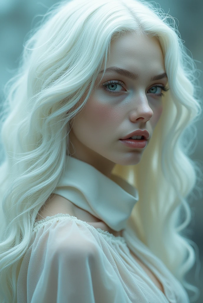 A woman with white long hair wearing
