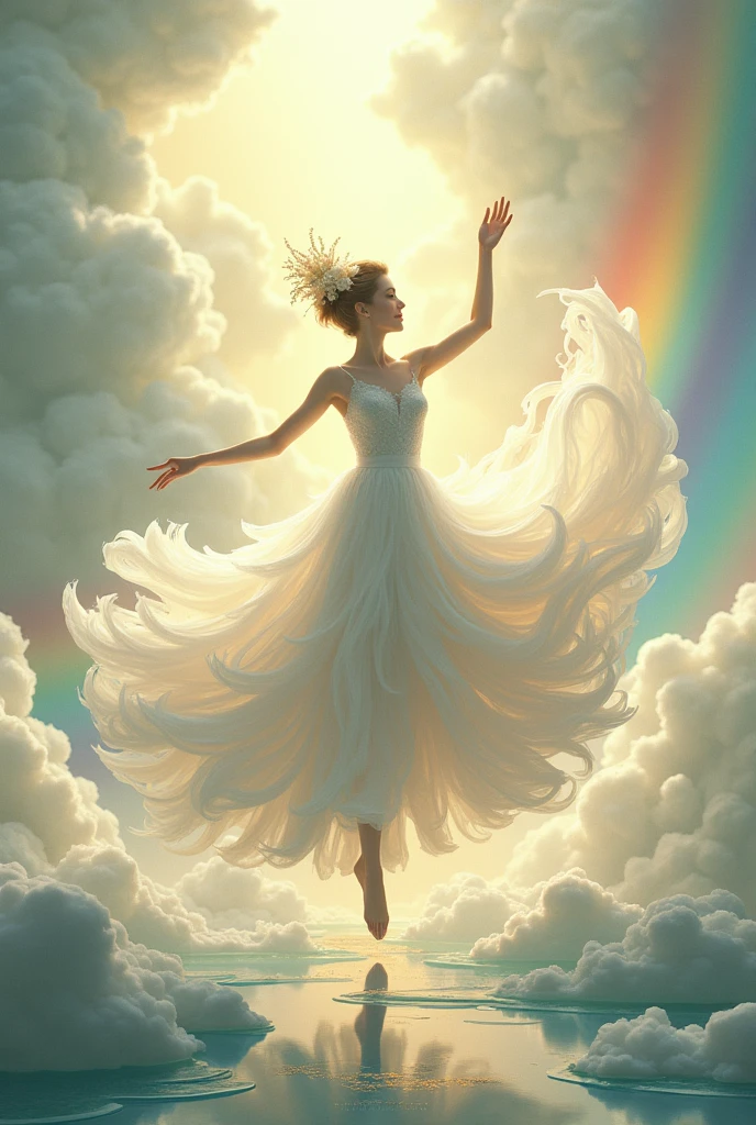 A whimsical dancer gracefully poised in mid-movement, her entire body is made of  pure winds, no skin color but only white. Her head is pure wind in a shape of flower. The background is a lush, enchanted sky island with a clouds and rainbow, soft sunlight filtering through the canopy, and a carpet of  clear and calm cloud with rainbow underfoot. The scene is serene yet full of life, capturing the magic of enchanted sky."