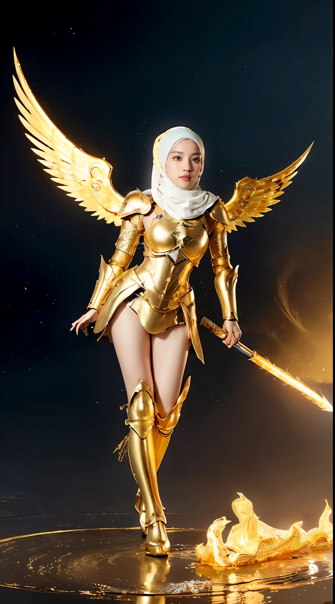 (1 cute Japanese  girl with idol style), ((Highest quality, Masterpiece: 1.3)), Focus: 1.2, Perfect body care: 1.4 , (wear hijab:1.2), ((Highly detailed face and skin texture)), Extremely TRUEistic, very detailed, HD, Portrait, 8ก, Dressed in white and gold, with large wings spread wide., (Holding a single golden-colored, flaming iron sword:1.2), (wear hijab:1.5), (Full-body golden iron armor:1.5), ornate cosplay, Like a mysterious Valkyrie, sailor galaxy, beautiful, white and gold priestly robes, anime cosplay, glamourous cosplay, With fiery golden wings., ((Full-body iron armor)), cosplay, professional cosplay, Goddess of Light, full angel, cosplayer, perfect makeup, perfect face, beautiful face, beautiful body, The arms are covered with cloth., Thighs covered with cloth, Waterfall background, ((Objects in the body floating in the air:1.2)), It&#39;s foggy., Fantasy Weather, Lightning strikes on both sides, Amazing studio lighting, The atmosphere looks TRUE, Take the whole body, Front Angle, ultra TRUEistic, professional、beautiful detail glow、Depth of the written region、(((High Chroma)))、(((TRUE:1.9)))、((bright:1.4))、((beautiful skin))、((skin texture))、((สัมผัสได้ถึงผิวอย่างแท้TRUE))、(((cowboy shoot:1.5)))、((View from the front:1.5)), Front Angle shot,