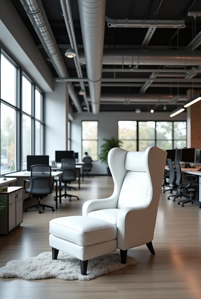 A cozy white armchair with a wingback design, perfect for reading or relaxing. At A modern loft office with a black and white color scheme. The office features a high ceiling with exposed ductwork, large windows, and a mix of industrial and minimalist furniture. There are multiple workstations with sleek desks and ergonomic chairs, as well as a communal area with a lounge seating arrangement. The overall atmosphere is clean, professional, and inspiring.