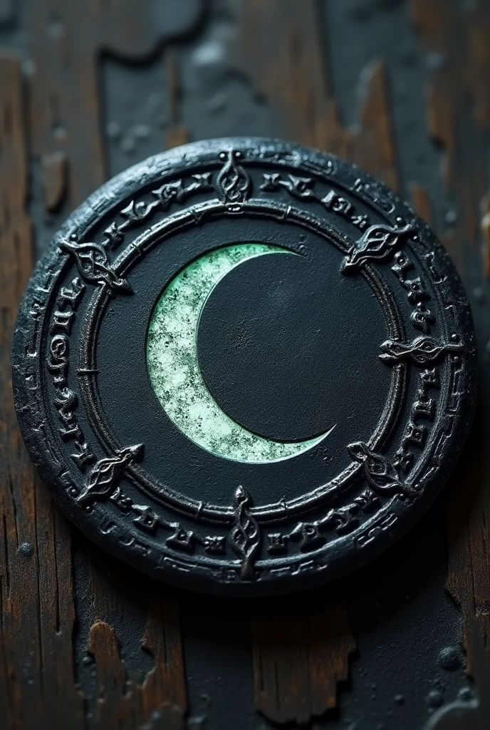 Black metal coin with a crescent moon
