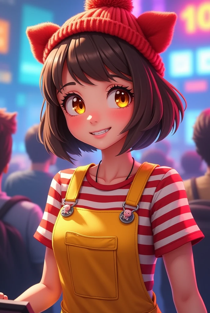 A game commentator with brown bob hair。
He is wearing yellow overalls with a red and white striped inner layer.。
Eye color is orange。He is wearing a red knitted hat and a pig pin.