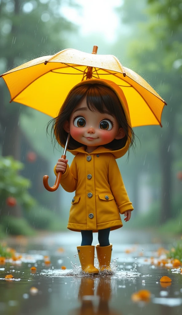 Adventurous  in a Raincoat”: A small girl with big, bright eyes, wearing a yellow raincoat and rain boots, splashing in puddles on a rainy day. She’s holding an umbrella that’s slightly too big for her. [Pixar-style, cheerful and vibrant, rainy day setting].