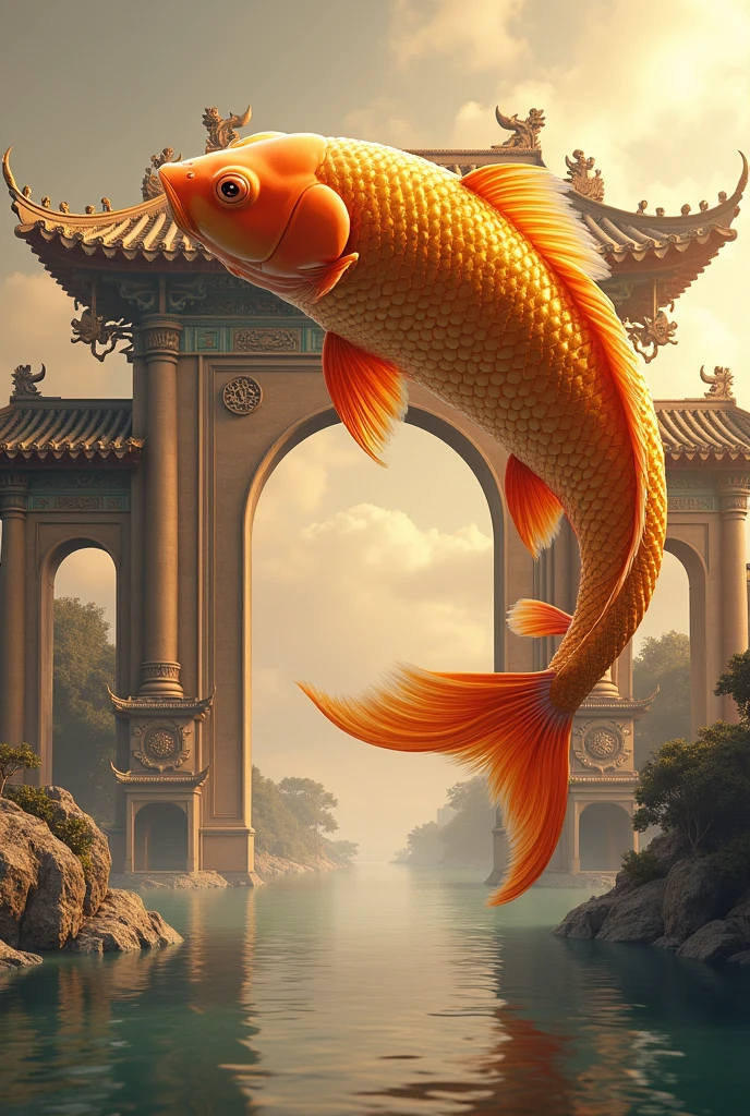 Generate a picture of a golden carp jumping over the dragon gate