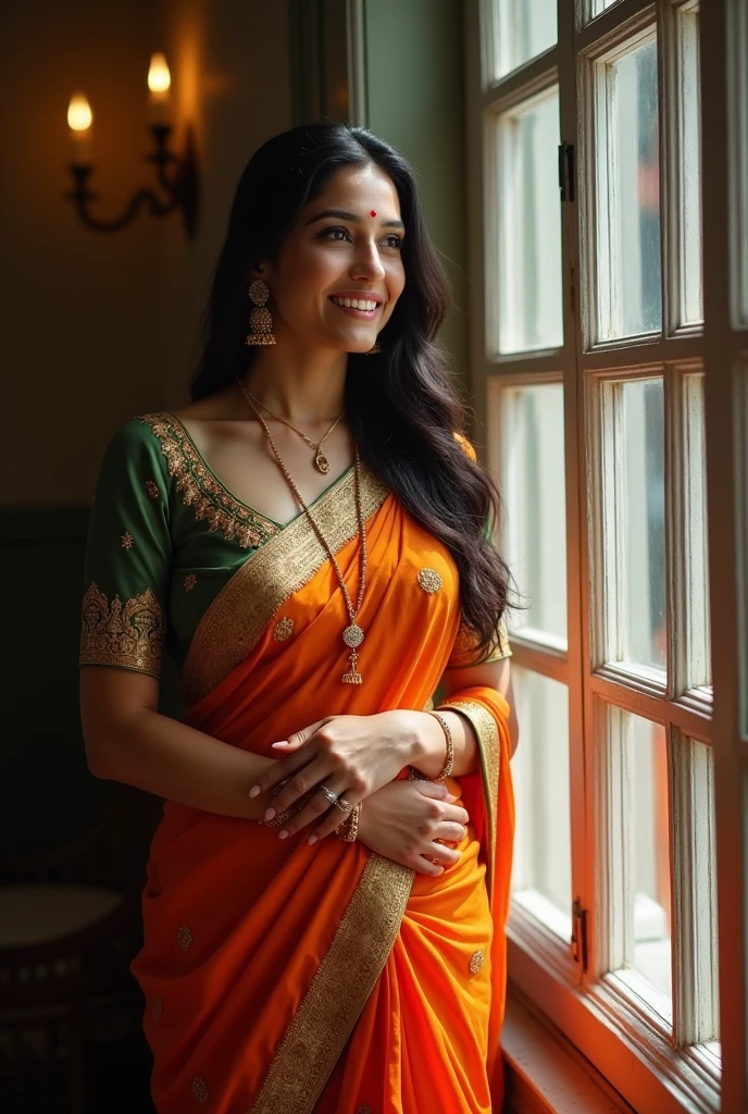 realistic, photoreal, realism, beautiful indian milf, sexy indian milf, 45years old indian lady, wearing saree, standing near window, navel, big boobs, small cleavage, smiling, looking outside the window.
