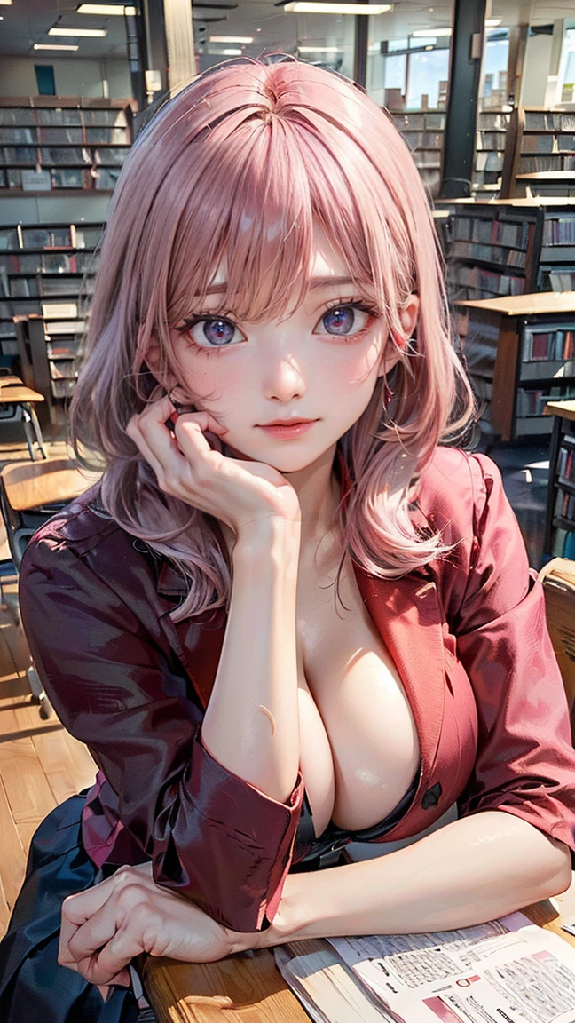 ((Highest quality, 8k, masterpiece :1.3)), (Sharp focus :1.2, Beautiful woman with perfect figure :1.4, Slim Abs :1.2), ((Big Breasts, Emphasize cleavage, The underboob is visible:1.3)), (Photorealistic:1.4), (realistic:1.4), (Pink Hair:1.5), Highly detailed face and skin texture, Fine grain, double eyelid. Makeup face, A little bit of lipstick, sex appeal, Sexy gravure pose, ((Red blazer and black skirt、The background is the library、A high school girl resting her elbow on the desk and resting her chin on her hand、Wearing glasses。:1.3)
