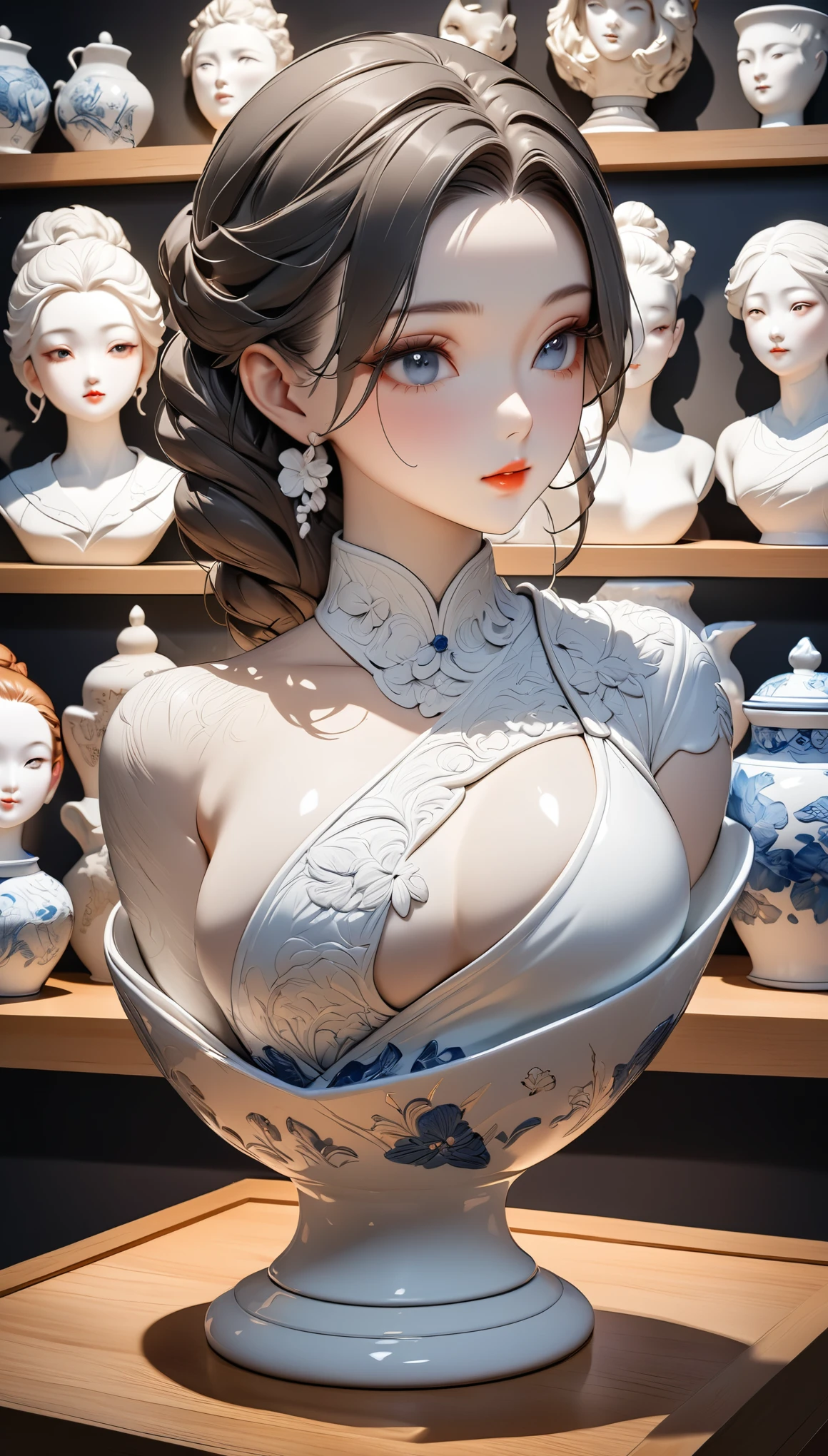 Ceramic bust of a woman, Beautiful girl statue, Curvaceous, Sweet look, Pottery skin, Ceramic Face, Porcelain Hair, Natural texture, White porcelain tin, Artworks on display, Fine ceramic art, Highest quality, Highest quality, masterpiece:1.2.