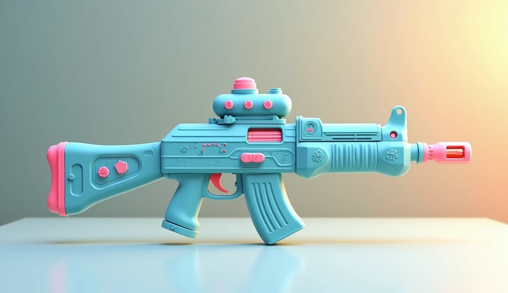 Mini double water gun toy，Integrated rifle mount，Q version，Cute pattern on the surface，Transparent magazine and scope recessed，(Similar structure to AK47)，(Double muzzle:1.3)，Smooth lines，Plastic material，Three-color Morandi color matching，high quality，Professional Product Photography，Table background，3d, OC Rendering，8K，