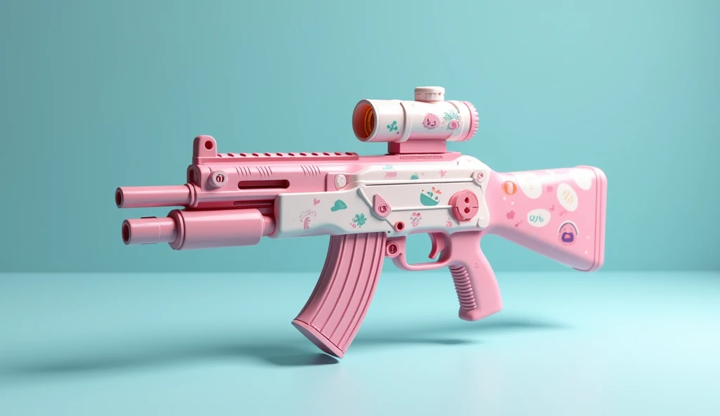 Mini double water gun toy，Integrated rifle mount，Q version，Cute pattern on the surface，Transparent magazine and scope recessed，(Similar structure to AK47)，(Double muzzle:1.3)，Smooth lines，Plastic material，Three-color Morandi color matching，high quality，Professional Product Photography，Table background，3d, OC Rendering，8K，