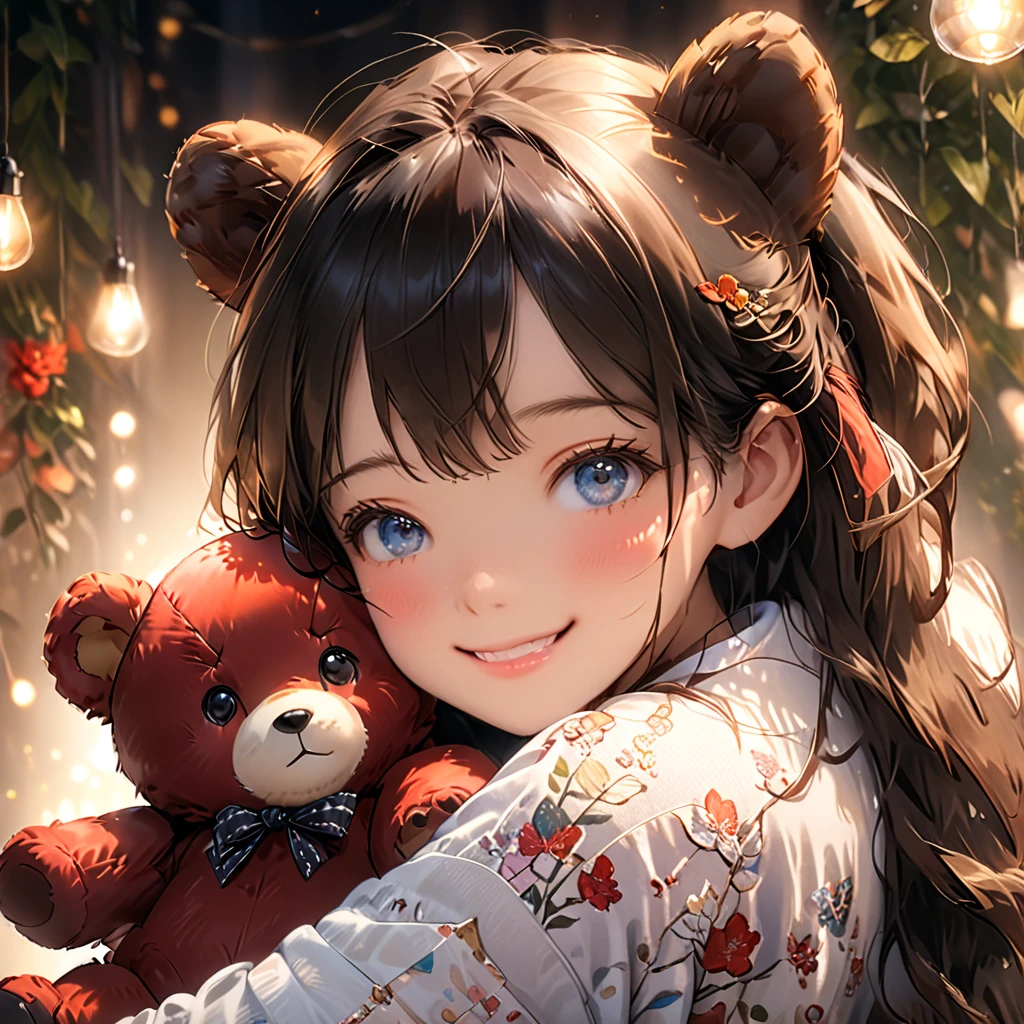 A cute girl,girl hugging a large plush teddy bear,teddy bear same size as girl,girl happily embracing teddy bear,detailed facial features,beautiful eyes,cute smile,soft lighting,warm colors,highly detailed,photorealistic,8k,masterpiece
