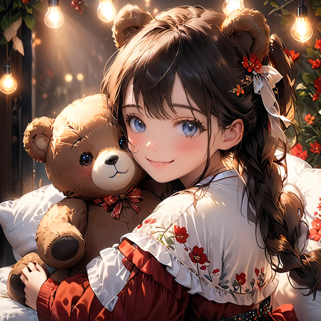 A cute girl,girl hugging a large plush teddy bear,teddy bear same size as girl,girl happily embracing teddy bear,detailed facial features,beautiful eyes,cute smile,soft lighting,warm colors,highly detailed,photorealistic,8k,masterpiece