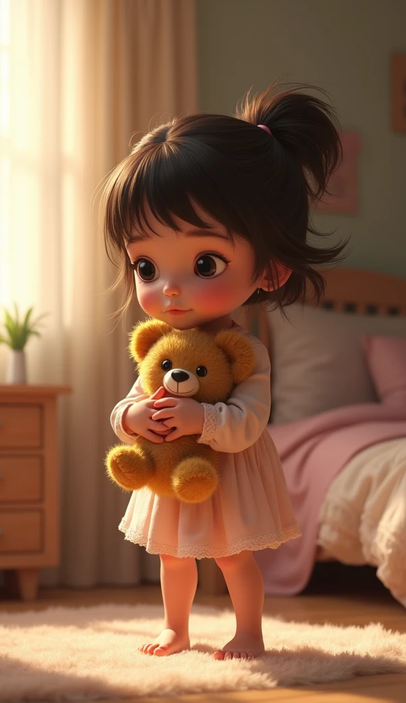 “Shy  with a Teddy Bear”: A young girl with a shy smile and big, round eyes, hugging a small teddy bear tightly. She’s wearing a soft, pastel-colored dress, standing in her cozy bedroom. [Pixar-inspired, gentle and heartwarming, indoor setting]