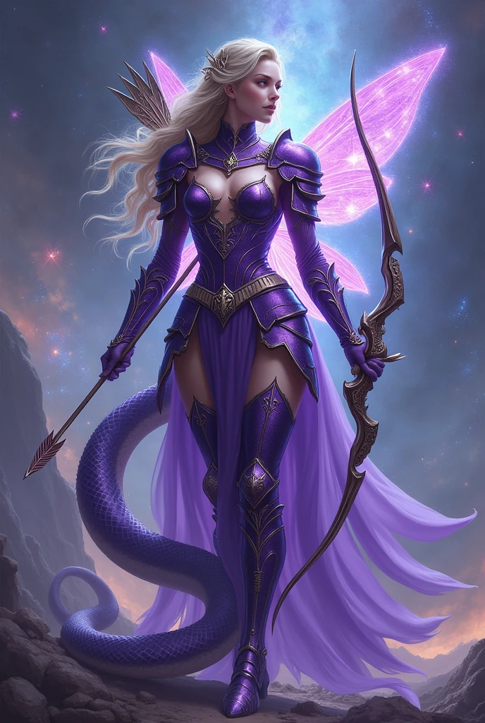 Violet lady Warrior suit with arrow of fairy of stars, together with snake
