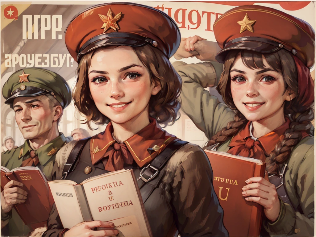 (best quality:1.2), woman holding a red book, Smile, Looking at the camera, Soviet Union, poster,  