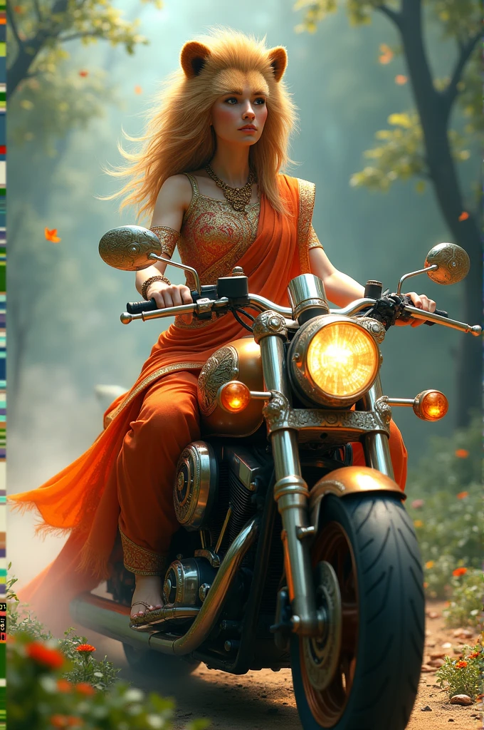 Beautiful girl with lion head wearing sari beautiful bike