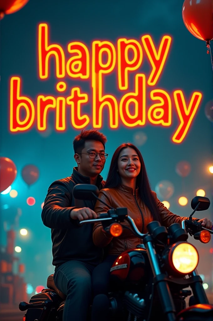 Cinematic and dynamic wallpaper with main text "HAPPY BRITDHAY". Text in bold square font with dark blue background and bright orange text. There is a high definition picture of a couple from Thailand wearing black jackets and riding a Harley Davidson motorcycle.. They smiled and held a birthday cake with the words "Happy Britday" and name "Goddess Sri Rahayu". The background is a cinematic scene with a birthday party., balloon, and colorful gifts. The overall image has a cinematic feel..