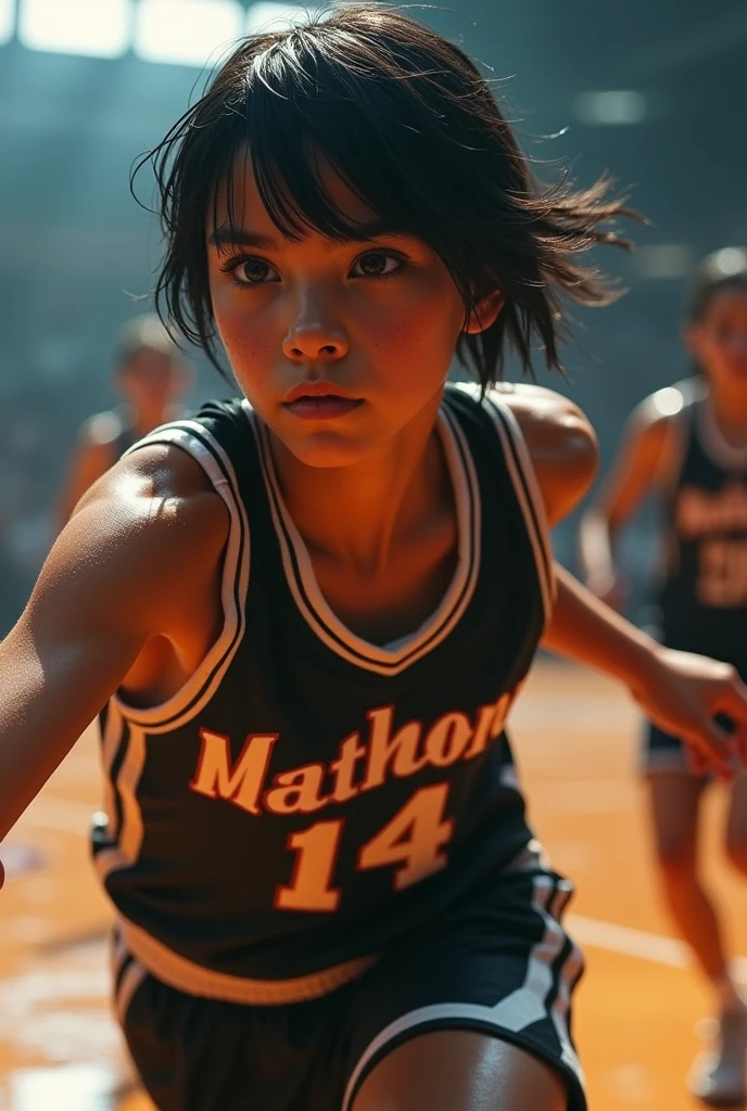 a young energetic  girl with short hair, basketball uniform number , name AN, black basketball uniform, in a basketball court, dynamic angle, realistic skin, wet skin, dramatic lighting, (best quality,8k,highres,extremely detailed jaw:1.2),(realistic,photorealistic,photo-realistic:1.37),cinematic lighting,dynamic pose,action,sports,basketball