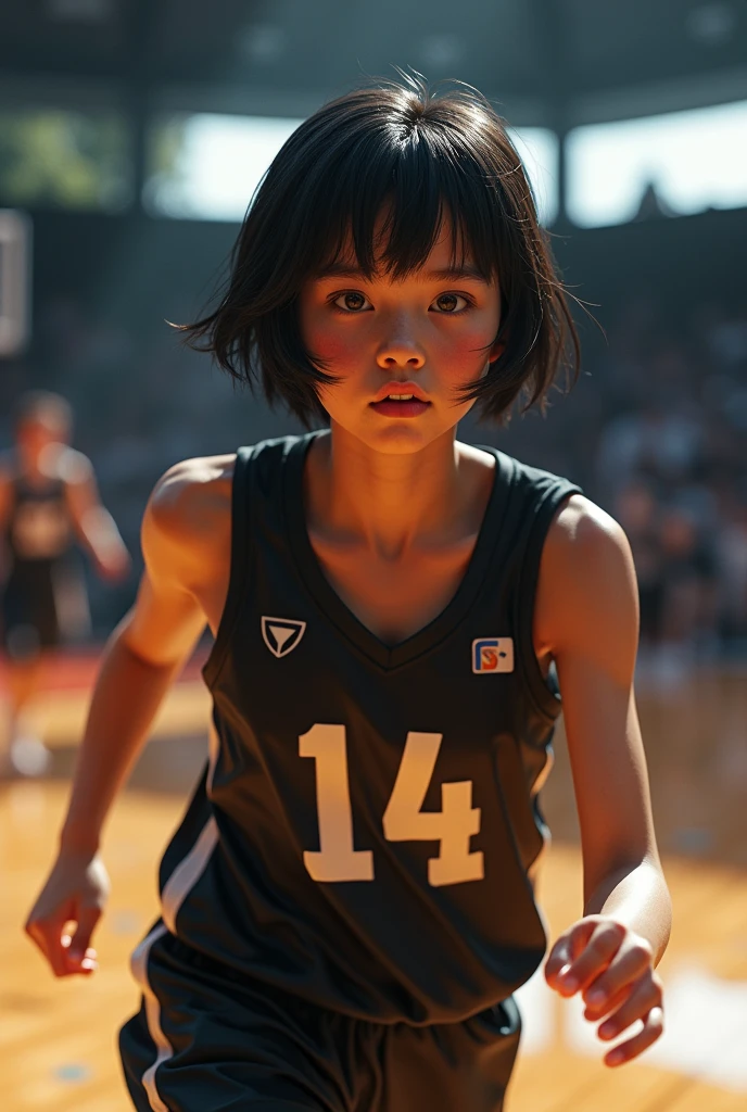 a young energetic  girl with short hair, basketball uniform number , name AN, black basketball uniform, in a basketball court, dynamic angle, realistic skin, wet skin, dramatic lighting, (best quality,8k,highres,extremely detailed jaw:1.2),(realistic,photorealistic,photo-realistic:1.37),cinematic lighting,dynamic pose,action,sports,basketball