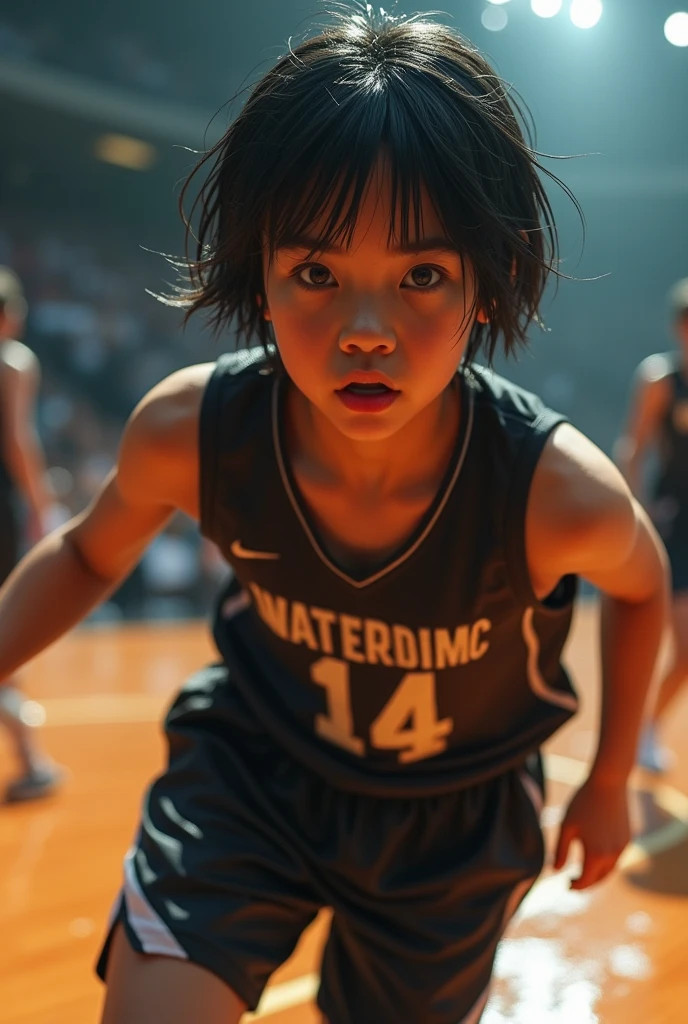 a young energetic  girl with short hair, basketball uniform number 14, name AN, black basketball uniform, in a basketball court, dynamic angle, realistic skin, wet skin, dramatic lighting, (best quality,8k,highres,extremely detailed jaw:1.2),(realistic,photorealistic,photo-realistic:1.37),cinematic lighting,dynamic pose,action,sports,basketball