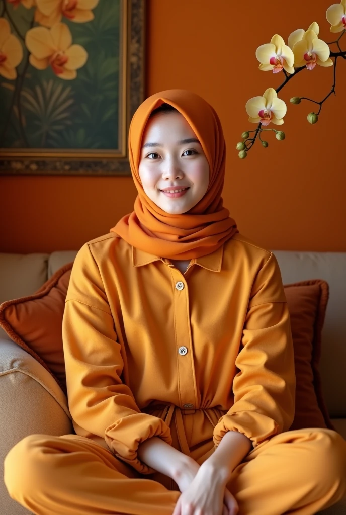 Beautiful Korean Women , smooth white skin, well-groomed face, orange hijab , baju rajut jingga, sitting pose.eyes looking at camera,smiled faintly, bersama kucing anggora berukuran besar,sitting cross-legged on the sofa is very luxurious, cargo pants,,.in the luxurious orange room , Background, there are beautiful flower paintings and mustard colored orchids.
