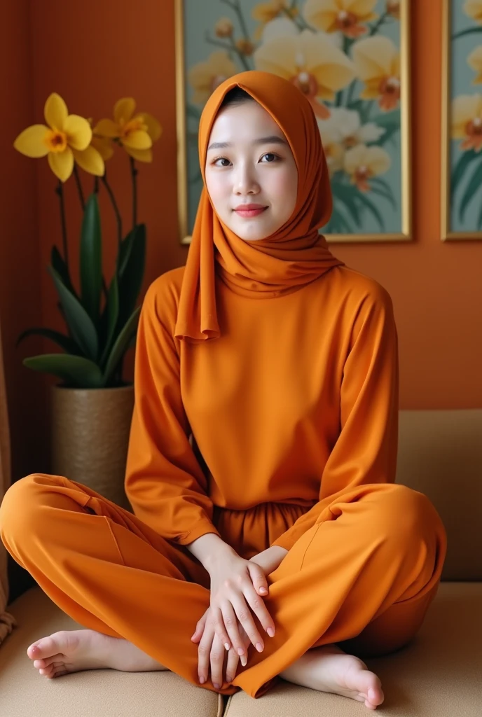 Beautiful Korean Women , smooth white skin, well-groomed face, orange hijab , baju rajut jingga, sitting pose.eyes looking at camera,smiled faintly, bersama kucing anggora berukuran besar,sitting cross-legged on the sofa is very luxurious, cargo pants,,.in the luxurious orange room , Background, there are beautiful flower paintings and mustard colored orchids.