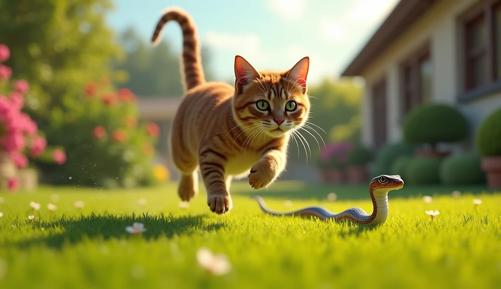 make a picture of an adult cat running forward being chased by a small snake from behind in the yard 