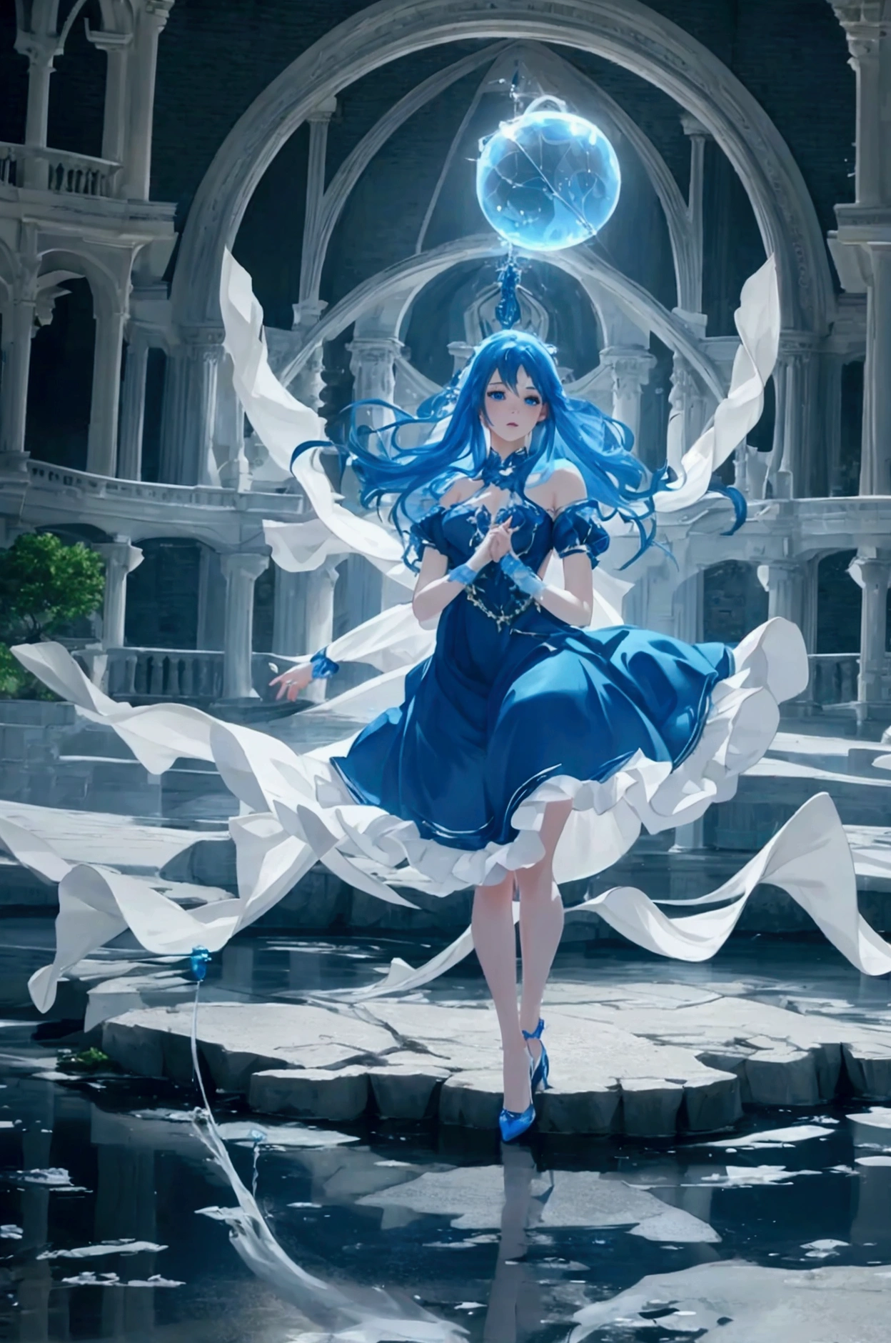 a beautiful girl with blue eyes and hair, creating and levitating a water sphere above her hand, wearing a blue dress, tights and high heels, (best quality,4k,8k,highres,masterpiece:1.2),ultra-detailed,(realistic,photorealistic,photo-realistic:1.37),intricate details,dramatic lighting,cinematic,fantasy,magical realism,hyper detailed,vibrant colors,ethereal,elegant,graceful,whimsical,flowing water,water manipulation,levitation,blue dress,blue eyes,blue hair,high heels,tights