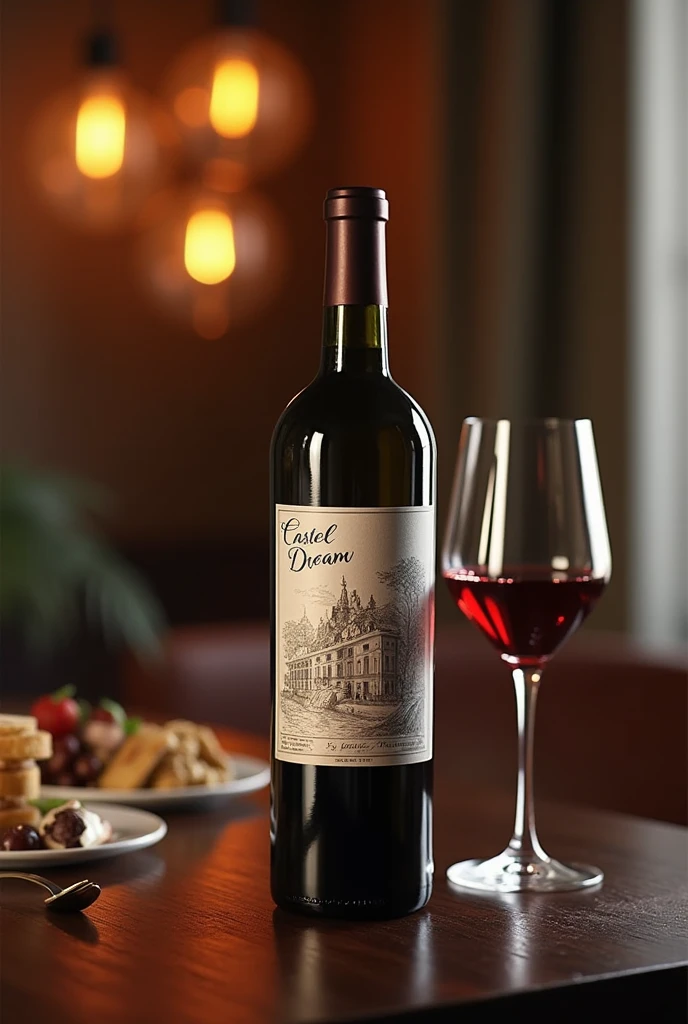 Une bouteille de vin représentant l'art culinaire , le plaisir de bouche.
Étiquette sur la bouteille avec écrit Castel Dream
Dans un style chic