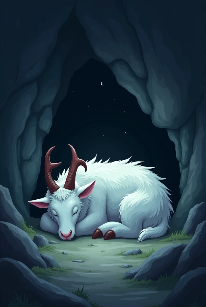 white fur creature, shaped like goat, big body, have deer's antler, sleeping on ground, inside dark cave, 2d style, night time