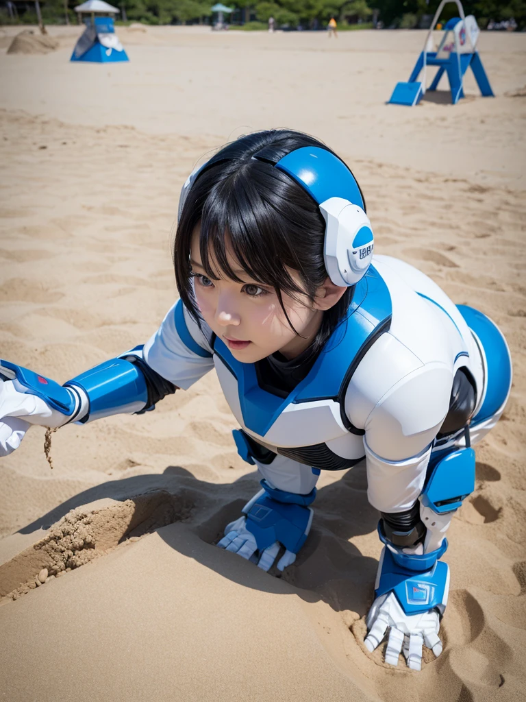 Japanese female android,Black Hair,White and blue robot suit,Plump,Playing in the sandbox at the park,