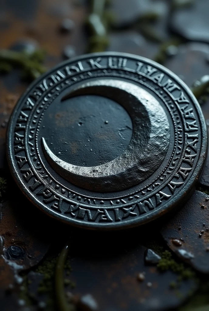 Black metal coin with a crescent moon