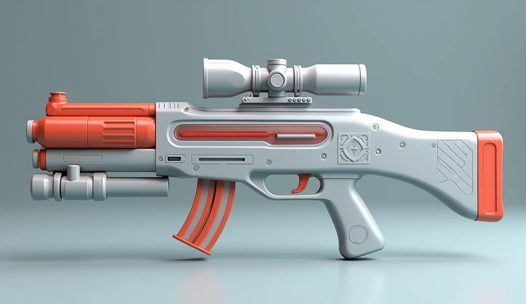 Mini double water gun toy，Integrated rifle mount，Q version，Simple pattern on the surface，Transparent magazine and scope recessed，(Similar structure to AK47)，(Double muzzle:1.3)，Smooth lines，Plastic material，Three-color Morandi color matching，high quality，Professional Product Photography，Table background，3d, OC Rendering，8K，