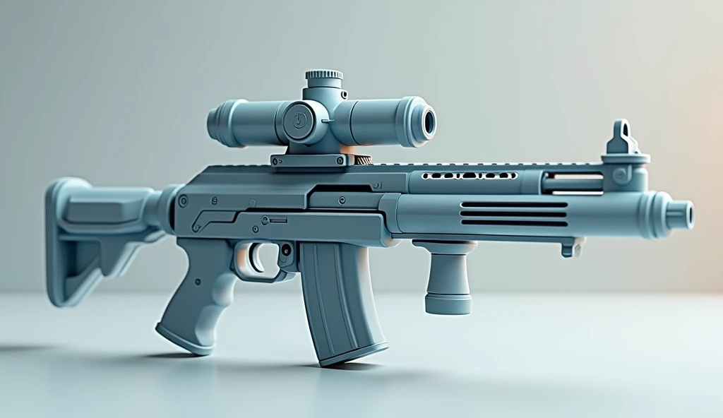 Mini double water gun toy，Integrated rifle mount，Q version，Simple pattern on the surface，Transparent magazine and scope recessed，(Similar structure to AK47)，(Double muzzle:1.3)，Smooth lines，Plastic material，Three-color Morandi color matching，high quality，Professional Product Photography，Table background，3d, OC Rendering，8K，