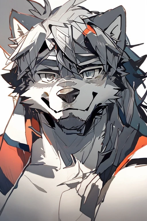 The Top Picture of A Very Muscular Furry Gray Wolf. He is Topless with a gray shorts. His both hand is Together behind his head. The background is Gray. He have a little messy hair. He have gray eye. He is looking at the viewer. He is smiling