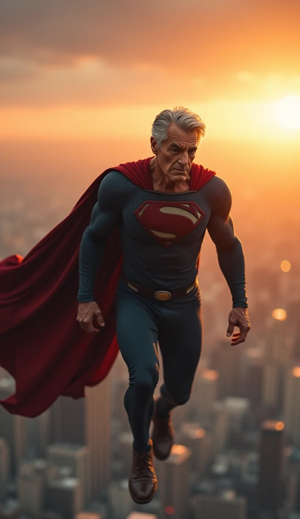 Superman, now with grey hair, posture is slightly hunched, fly slowly through a sky. his cape is tattered. Background: the sun rising in the distance. Narration: "Time waits for no one... not even legends."
