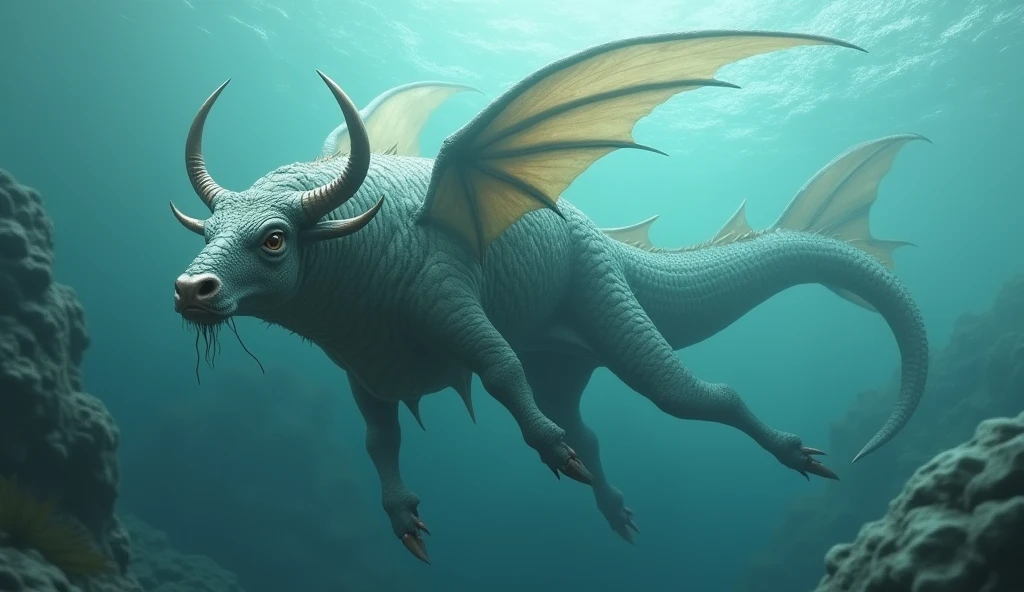 There is a fish underwater,It has a bull's head and a snake's tail.,No limbs, wings on the back(best quality,4K,8k,High level,masterpiece:1.2),Ultra Detailed,(lifelike,Photo real,Photo real:1.37)