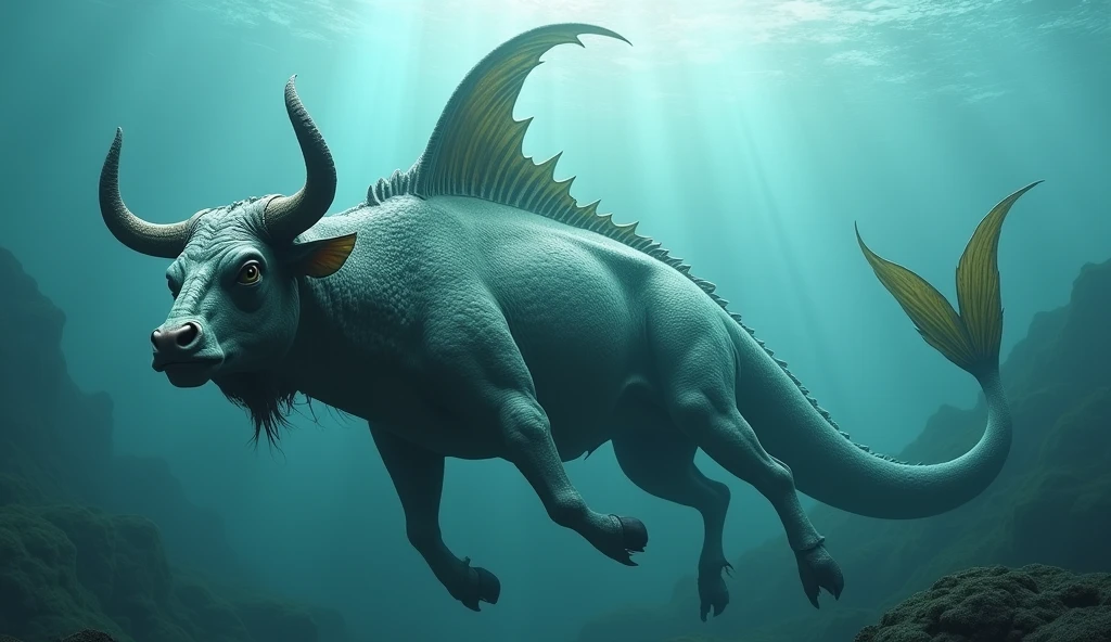 There is a fish underwater,It has a bull's head and a snake's tail.,No limbs, wings on the back(best quality,4K,8k,High level,masterpiece:1.2),Ultra Detailed,(lifelike,Photo real,Photo real:1.37)