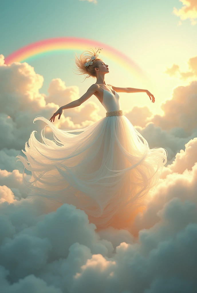A whimsical dancer gracefully poised in mid-movement, her entire body is pure winds, no skin color but only white. Her head is pure wind in a shape of flower. The background is a lush, enchanted sky island with a clouds and rainbow, soft sunlight filtering through the canopy, and a carpet of  clear and calm cloud with rainbow underfoot. The scene is serene yet full of life, capturing the magic of enchanted sky."